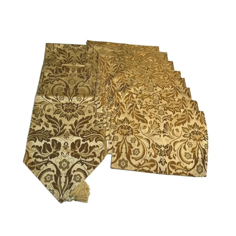1 gold damask fabric table runner 8 placemats floral brocade Dinner Party Cloth